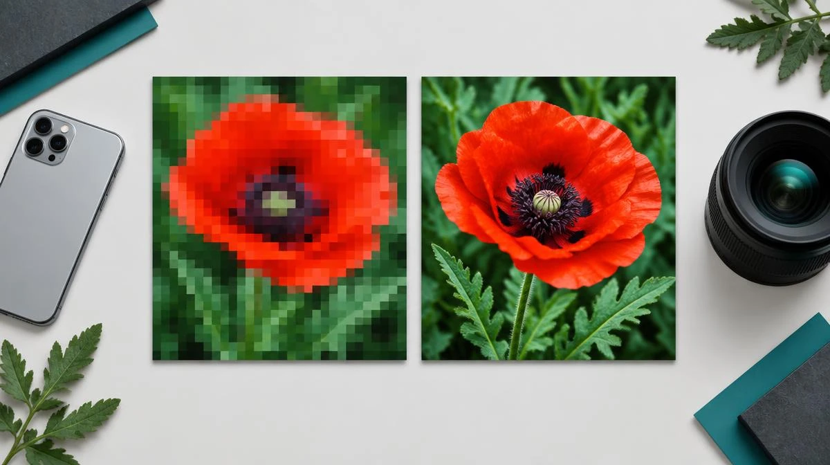 Pixelated and sharp versions of the same red flower photograph