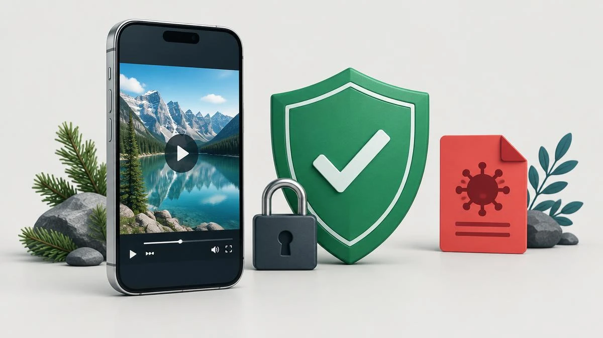 Phone beside a green security shield, padlock, and suspicious download icon