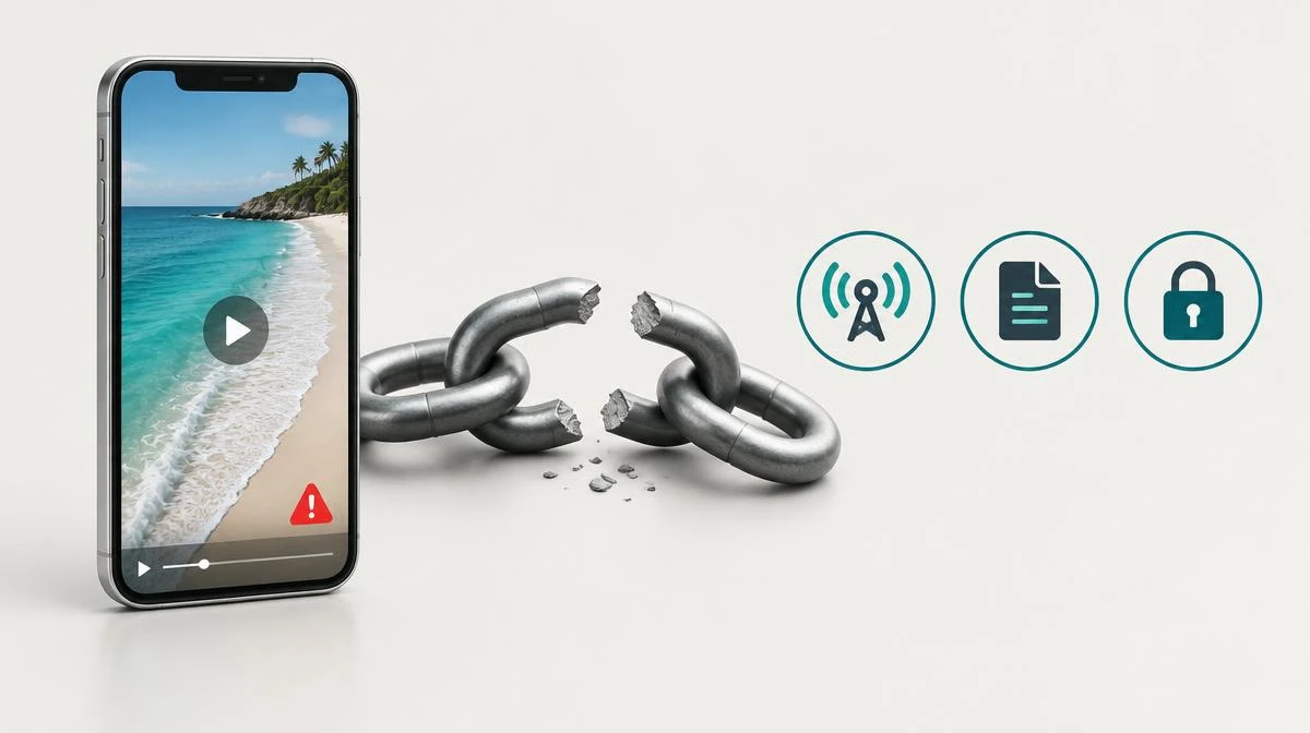 Phone showing a Reel warning beside a broken link and diagnostic icons