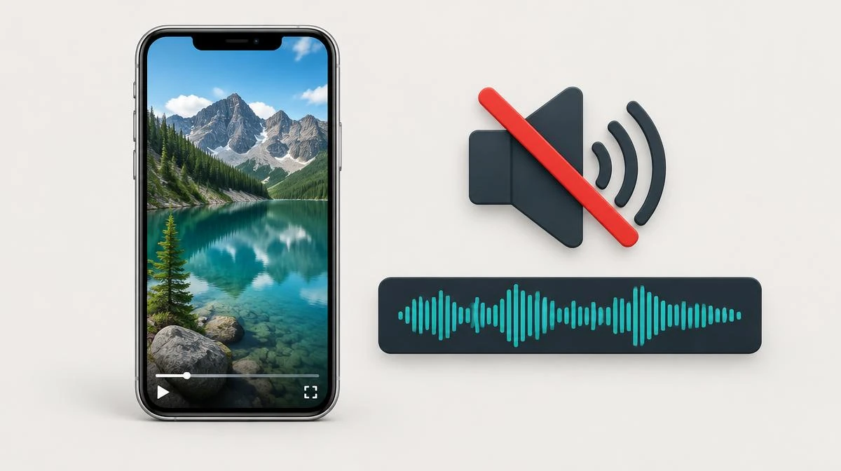 Phone video beside a muted speaker and a separate audio waveform