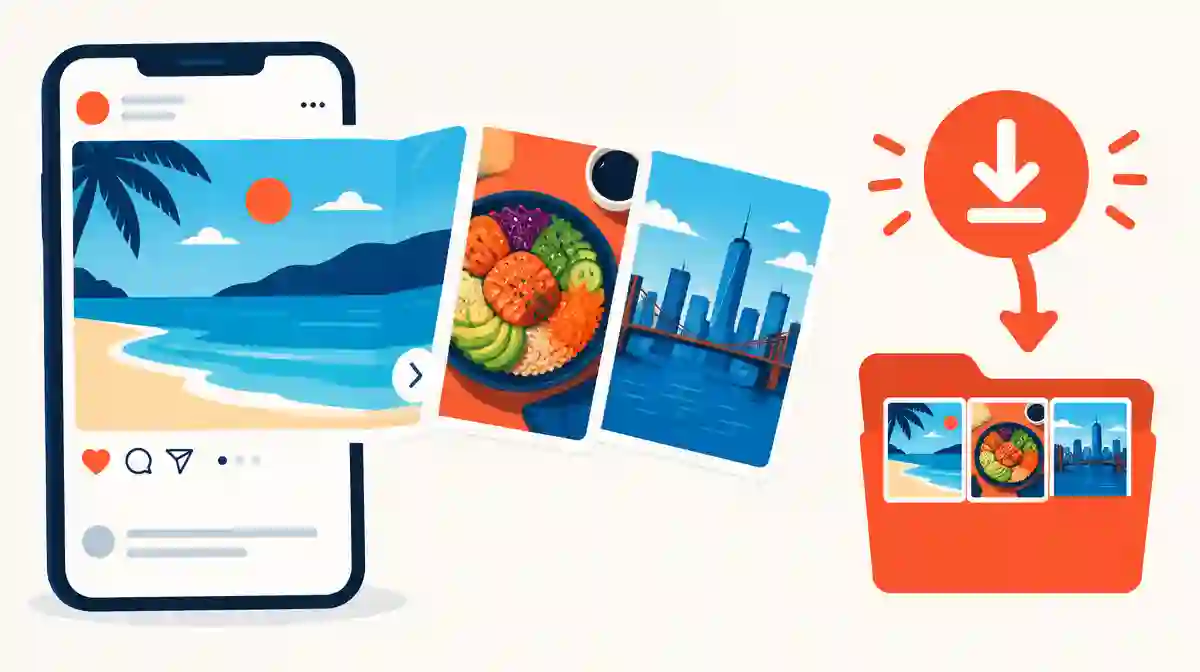 Phone showing a swipeable Instagram carousel with three photo slides saved together into one download folder