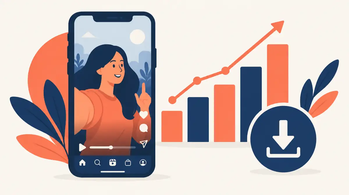 Phone showing an Instagram Reel beside a rising bar chart and a download arrow