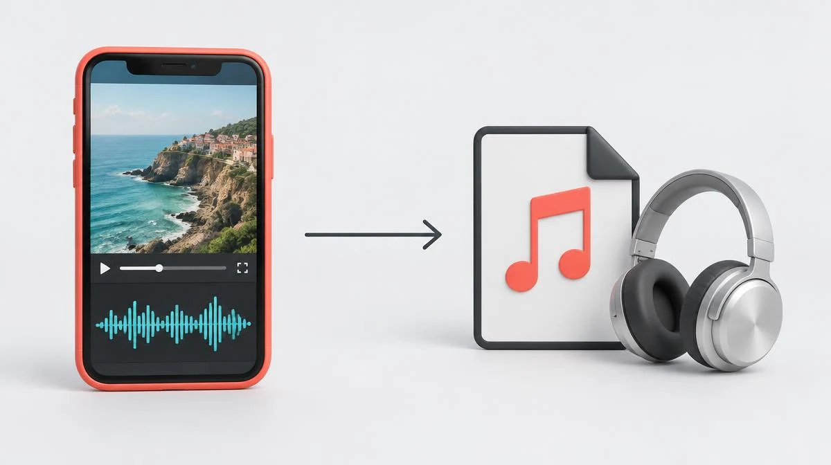 Public video soundtrack transferred from a phone into a separate audio file beside headphones