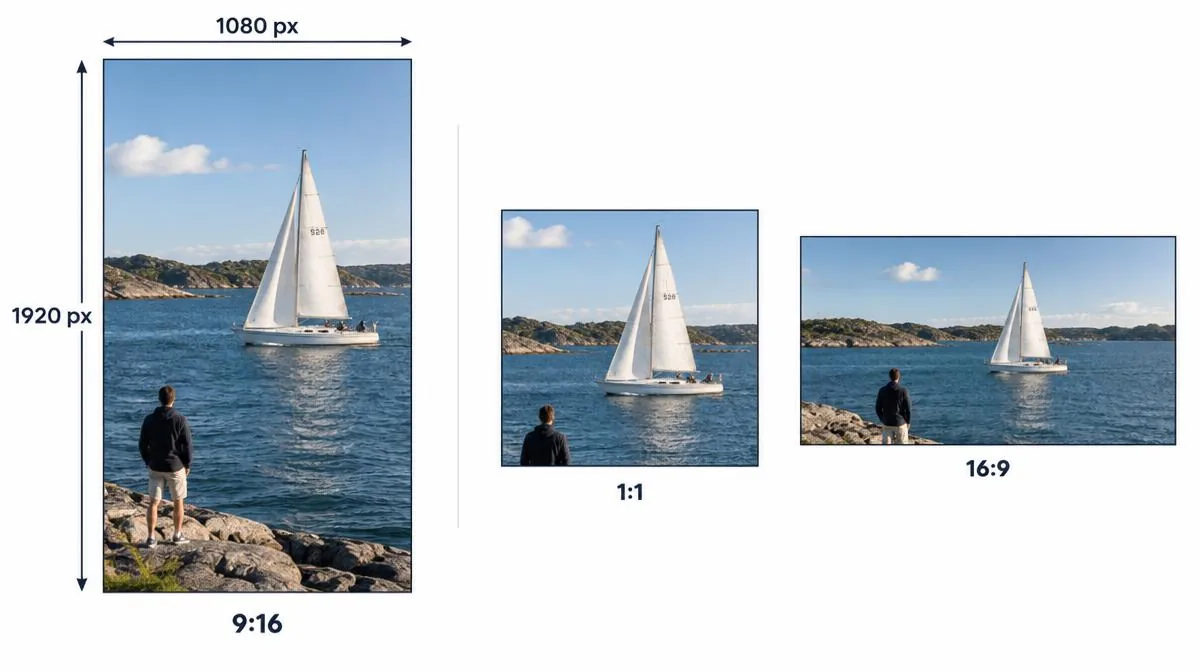 Portrait Reel canvas at 1080 by 1920 pixels with 9:16 aspect ratio and alternate crop previews