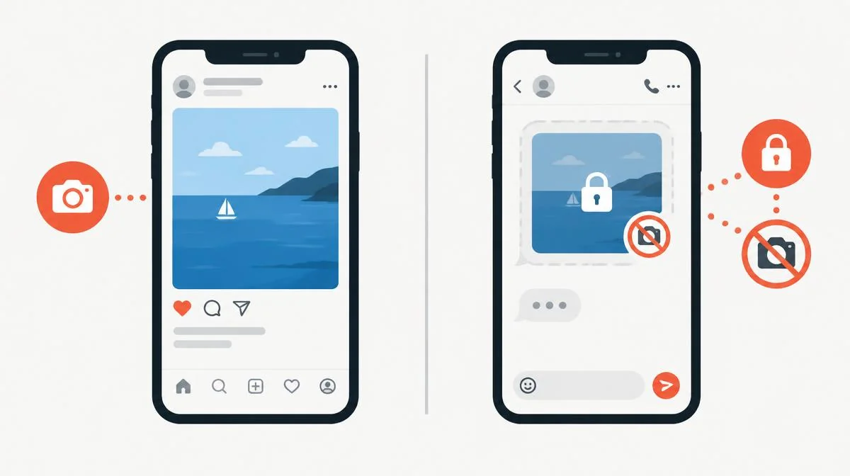 Public-post screenshot beside a protected disappearing-message capture on two phones