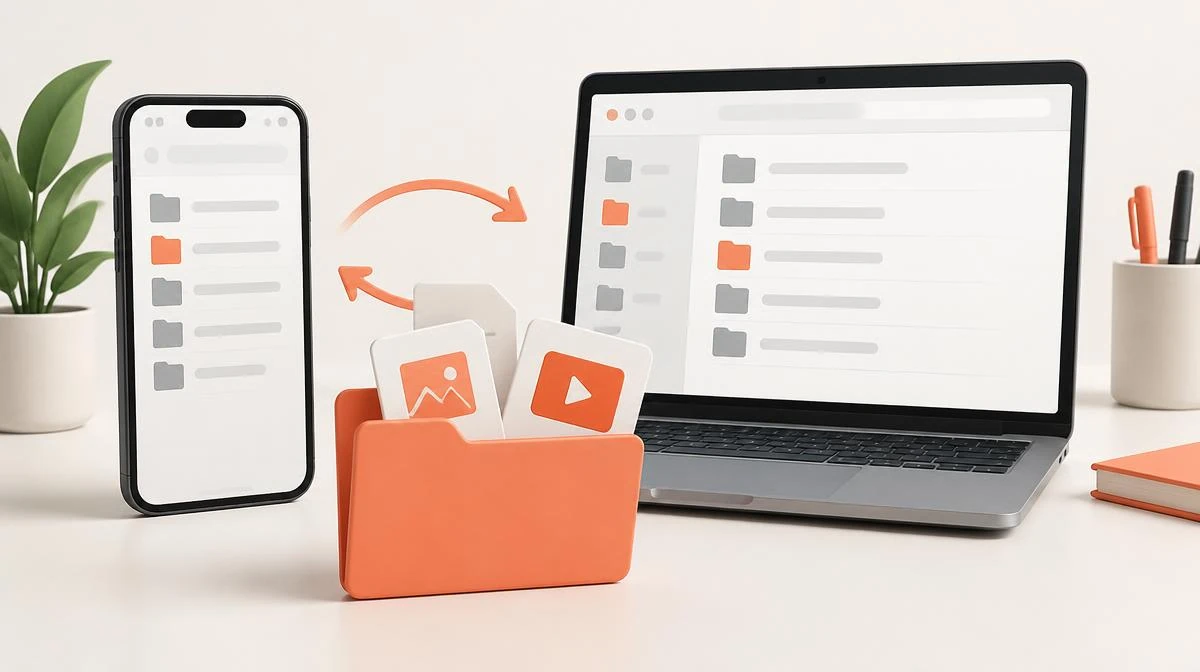Phone and computer file browsers showing media files in download folders
