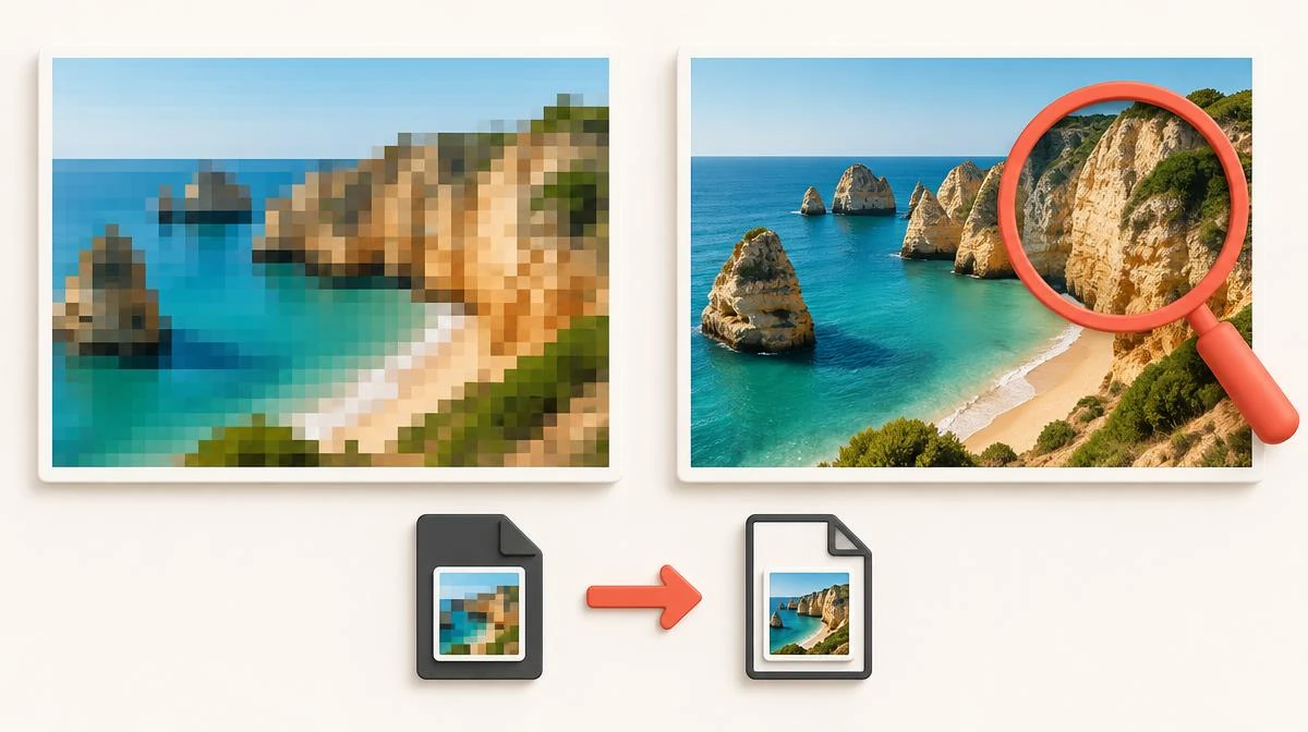 Pixelated and sharp coastal photos side by side for a source-quality comparison