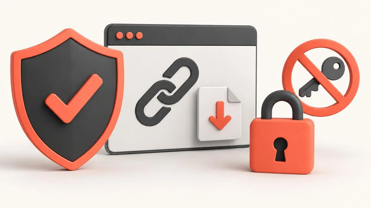 Browser link beside a padlock and crossed-out key illustrating password-sharing precautions